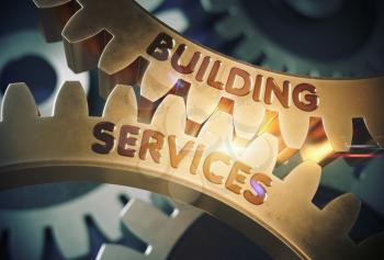 Building Serviceson the Golden Cogwheels. Building Services - Illustration with Lens Flare. 3D Rendering.