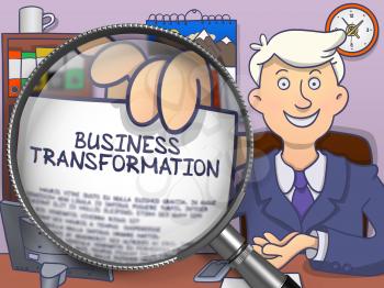 Business Transformation through Lens. Businessman Holding a Paper with Inscription. Closeup View. Multicolor Doodle Style Illustration.