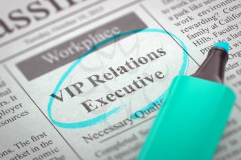 VIP Relations Executive. Newspaper with the Small Advertising, Circled with a Azure Marker. Blurred Image with Selective focus. Concept of Recruitment. 3D Render.