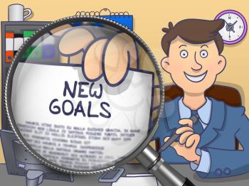 New Goals through Magnifying Glass. Man Holds Out a Paper with Concept. Closeup View. Multicolor Doodle Style Illustration.