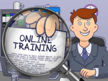 Online Training on Paper in Officeman's Hand through Magnifier to Illustrate a Business Concept. Multicolor Doodle Illustration.