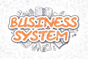 Business System Doodle Illustration of Orange Text and Stationery Surrounded by Cartoon Icons. Business Concept for Web Banners and Printed Materials. 