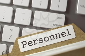 Personnel. File Card Lays on Modern Metallic Keyboard. Archive Concept. Closeup View. Toned Blurred  Illustration. 3D Rendering.