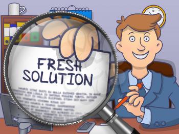 Fresh Solution. Business Man Welcomes in Office and Holding a through Magnifier Paper with Text. Colored Modern Line Illustration in Doodle Style.