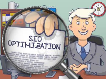 SEO Optimization. Paper with Text in Businessman's Hand through Magnifying Glass. Multicolor Modern Line Illustration in Doodle Style.