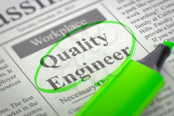 Quality Engineer - Jobs in Newspaper, Circled with a Green Highlighter. Blurred Image. Selective focus. Job Search Concept. 3D Render.