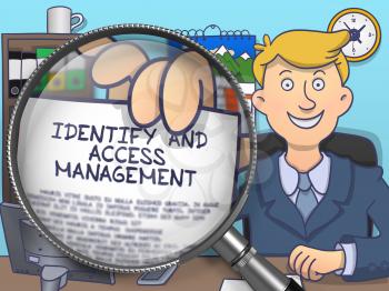 Identify and Access Management. Happy Officeman Sitting in Offiice and Showing Concept on Paper through Magnifying Glass. Colored Doodle Style Illustration.