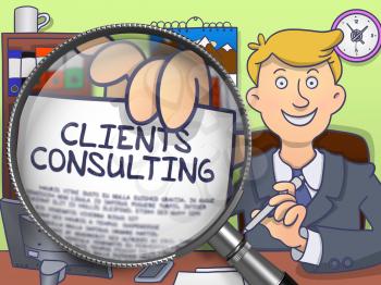 Clients Consulting. Man Shows Concept on Paper through Magnifier. Multicolor Doodle Style Illustration.