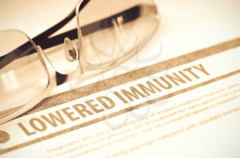 Lowered Immunity - Medicine Concept with Blurred Text and Eyeglasses on Red Background. Selective Focus. 3D Rendering.