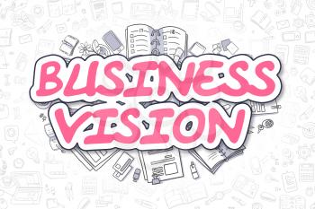 Business Vision Doodle Illustration of Magenta Word and Stationery Surrounded by Cartoon Icons. Business Concept for Web Banners and Printed Materials. 