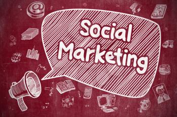 Social Marketing on Speech Bubble. Doodle Illustration of Shouting Megaphone. Advertising Concept. Business Concept. Loudspeaker with Phrase Social Marketing. Doodle Illustration on Red Chalkboard. 