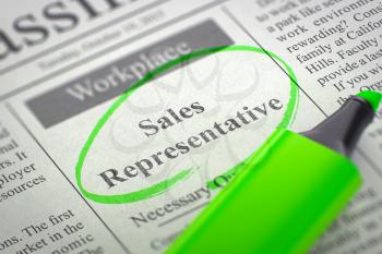 Newspaper with Jobs Section Vacancy Sales Representative. Blurred Image. Selective focus. Job Search Concept. 3D Rendering.