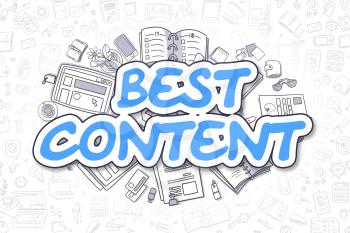 Blue Inscription - Best Content. Business Concept with Doodle Icons. Best Content - Hand Drawn Illustration for Web Banners and Printed Materials. 