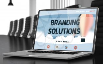 Branding Solutions on Landing Page of Laptop Display in Modern Conference Hall Closeup View. Toned. Blurred Image. 3D Rendering.