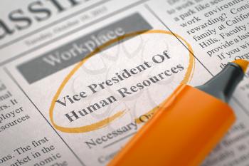 Vice President Of Human Resources - Small Ads of Job Search in Newspaper, Circled with a Orange Highlighter. Blurred Image. Selective focus. Job Search Concept. 3D Render.