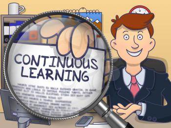 Continuous Learning through Magnifying Glass. Man Showing a Paper with Inscription. Closeup View. Multicolor Doodle Illustration.