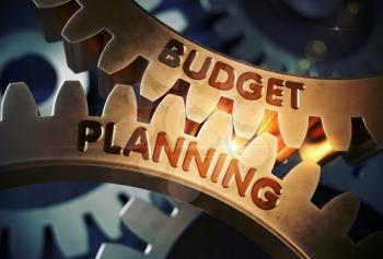 Budget Planning - Industrial Illustration with Glow Effect and Lens Flare. Budget Planning Golden Cog Gears. 3D Rendering.
