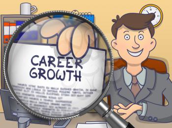 Officeman in Suit Looking at Camera and Holds Out a Concept on Paper Career Growth Concept through Lens. Closeup View. Multicolor Doodle Illustration.