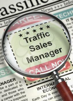 Traffic Sales Manager - Advertisements and Classifieds Ads for Vacancy in Newspaper. Traffic Sales Manager. Newspaper with the Jobs. Job Search Concept. Blurred Image. 3D Illustration.
