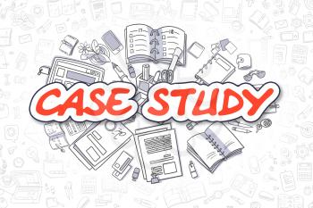 Case Study - Sketch Business Illustration. Red Hand Drawn Inscription Case Study Surrounded by Stationery. Cartoon Design Elements. 