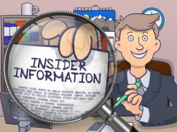 Businessman in Suit Showing a Paper with Concept Insider Information Concept through Lens. Closeup View. Colored Doodle Illustration.