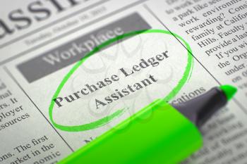 Purchase Ledger Assistant. Newspaper with the Small Ads of Job Search, Circled with a Green Highlighter. Blurred Image with Selective focus. Job Search Concept. 3D Rendering.