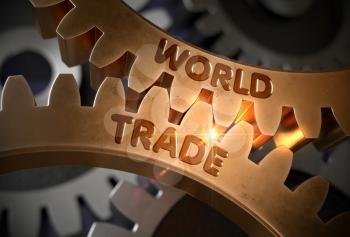 World Trade on the Mechanism of Golden Cog Gears with Glow Effect. World Trade - Illustration with Lens Flare. 3D Rendering.