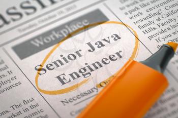 Senior Java Engineer - Classified Advertisement of Hiring in Newspaper, Circled with a Orange Highlighter. Blurred Image. Selective focus. Hiring Concept. 3D Rendering.