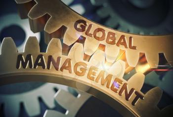 Golden Metallic Gears with Global Management Concept. Global Management on the Golden Cog Gears. 3D Rendering.