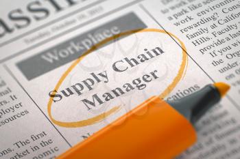 Supply Chain Manager - Classified Advertisement of Hiring in Newspaper, Circled with a Orange Marker. Blurred Image. Selective focus. Job Search Concept. 3D Rendering.