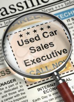 Used Car Sales Executive. Newspaper with the Job Vacancy. Used Car Sales Executive - CloseUp View Of A Classifieds Through Loupe. Hiring Concept. Selective focus. 3D.