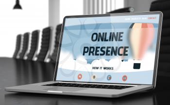 Laptop Display with Online Presence Concept on Landing Page. Closeup View. Modern Conference Room Background. Toned Image with Selective Focus. 3D Illustration.