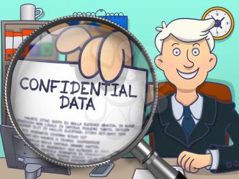 Confidential Data. Businessman Showing Paper with Text through Lens. Multicolor Doodle Style Illustration.