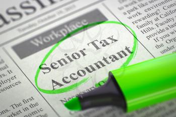 Senior Tax Accountant. Newspaper with the Jobs, Circled with a Green Marker. Blurred Image with Selective focus. Job Search Concept. 3D Illustration.