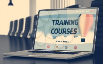 Training Courses on Landing Page of Mobile Computer Display. Closeup View. Modern Conference Hall Background. Blurred Image. Selective focus. 3D Render.