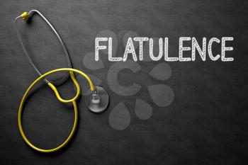Medical Concept: Black Chalkboard with Flatulence. Medical Concept: Flatulence -  Black Chalkboard with Hand Drawn Text and Yellow Stethoscope. Top View. 3D Rendering.
