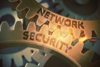 Network Security on Mechanism of Golden Metallic Cogwheels with Lens Flare. Golden Metallic Gears with Network Security Concept. 3D Rendering.