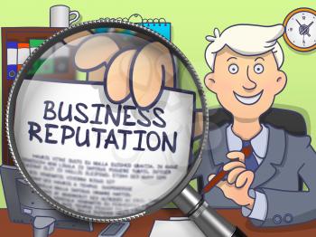 Business Reputation. Business Man Showing Paper with Text through Magnifier. Multicolor Doodle Style Illustration.
