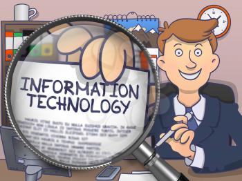 Information Technology. Paper with Text in Business Man's Hand through Magnifying Glass. Multicolor Doodle Style Illustration.