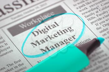 Digital Marketing Manager. Newspaper with the Job Vacancy, Circled with a Azure Highlighter. Blurred Image. Selective focus. Hiring Concept. 3D.