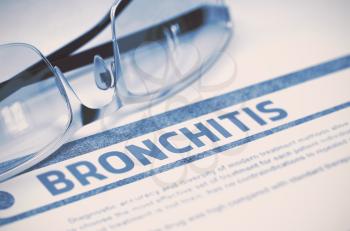 Bronchitis - Printed Diagnosis on Blue Background and Spectacles Lying on It. Medical Concept. Blurred Image. 3D Rendering.