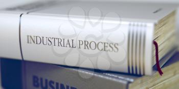Industrial Process - Leather-bound Book in the Stack. Closeup. Industrial Process. Book Title on the Spine. Industrial Process Concept. Book Title. Blurred Image with Selective focus. 3D.