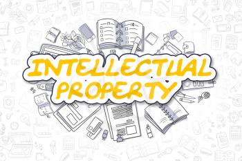Intellectual Property - Hand Drawn Business Illustration with Business Doodles. Yellow Word - Intellectual Property - Cartoon Business Concept. 