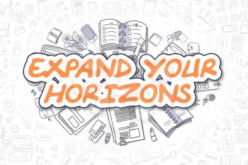 Expand Your Horizons - Sketch Business Illustration. Orange Hand Drawn Text Expand Your Horizons Surrounded by Stationery. Cartoon Design Elements. 