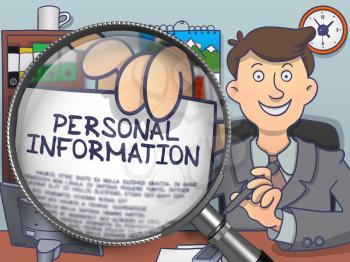 Officeman Holds Out a Paper with Text Personal Information. Closeup View through Magnifier. Colored Doodle Illustration.