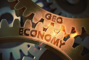 Geo Economy on the Mechanism of Golden Cog Gears with Glow Effect. Geo Economy Golden Metallic Cog Gears. 3D Rendering.