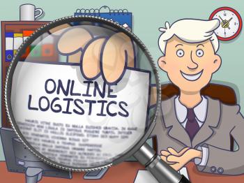 Online Logistics. Officeman Sitting in Office and Shows through Magnifier Text on Paper. Multicolor Modern Line Illustration in Doodle Style.