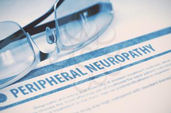 Peripheral Neuropathy - Medicine Concept with Blurred Text and Glasses on Blue Background. Selective Focus. 3D Rendering.