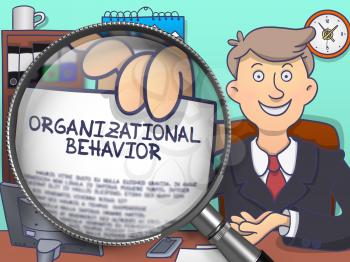 Organizational Behavior. Officeman in Office Workplace Showing a through Magnifying Glass Text on Paper. Multicolor Doodle Illustration.