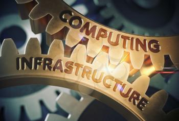 Computing Infrastructure on Mechanism of Golden Metallic Gears with Glow Effect. Golden Cogwheels with Computing Infrastructure Concept. 3D Rendering.